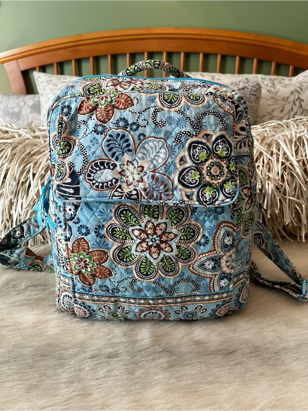 VERA BRADLEY Bali Blue 2009 Hook & Loop Flap Backpack Y2K Green Floral Travel